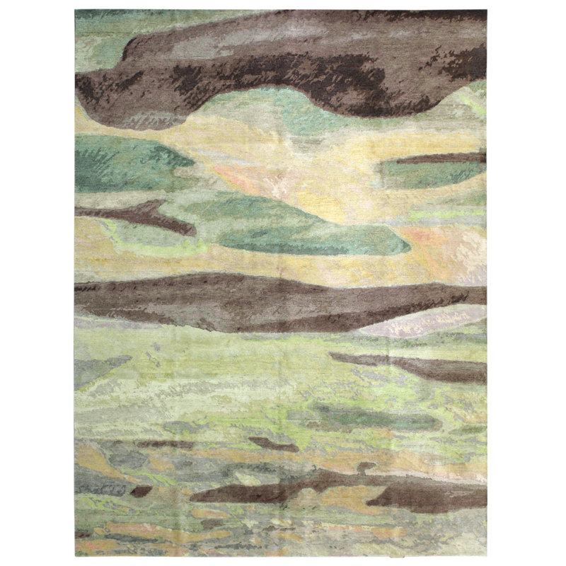 Tapis vert en laine noué à la main de conception unique 9 pi x 12 pi New Age Greenland
