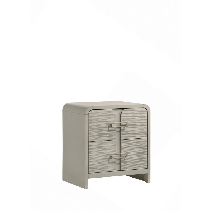 Table de chevet 2 tiroirs Aria avec façade texturée, poignées en métal et système de roulement à billes