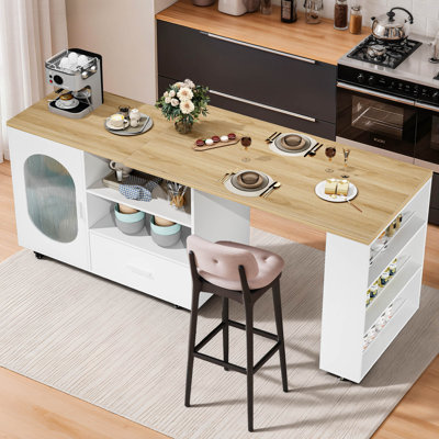 Kitchen Island With Extended Table, Storage Cabinet, Drawers