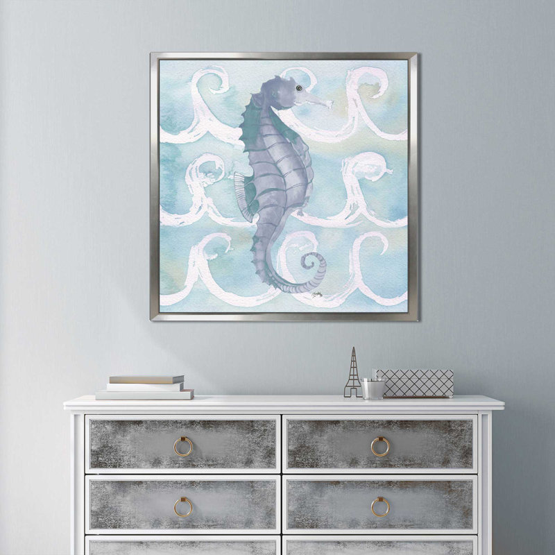 «Azure Sea Creatures III», reproduction de peinture à l'aquarelle, H 39,5 po x l 39,5 po x P 2 po, Cadre flottant argent