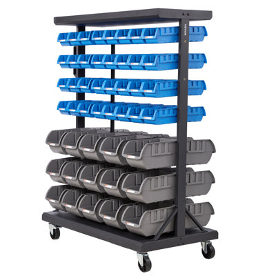 7-Tier Double-Sided Rolling Bin Storage Rack, 94 Plastic Bins, Dual-Sided Parts Organizer with Wheels, Mobile Tool Organizer for Garage, Warehouse, Office, Restaurant, Classroom, Kitchen