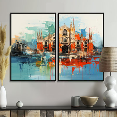 Paysage urbain de Milan en bleu orange - Ensemble de 2 décorations murales Milan