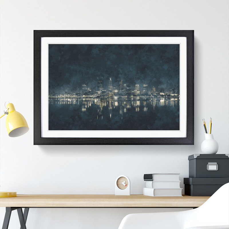 Perth City Skyline Australia at Night - Picture Frame Graphic Art Print, 62cm H x 87cm W x 2cm D, Black