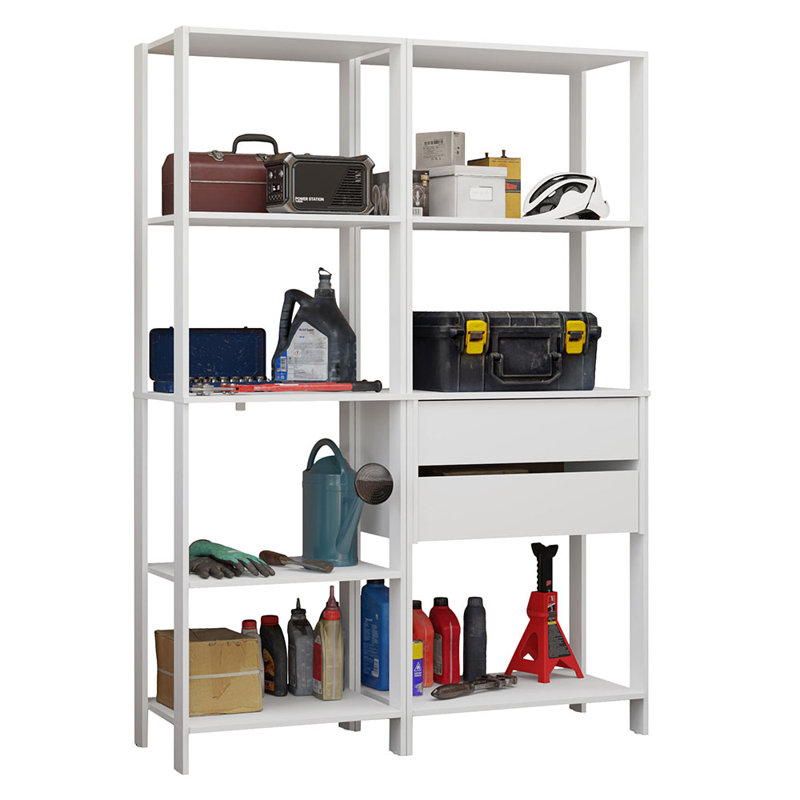  Étagère de rangement pour garage avec 2 tiroirs et tablettes ouvertes, Blanc