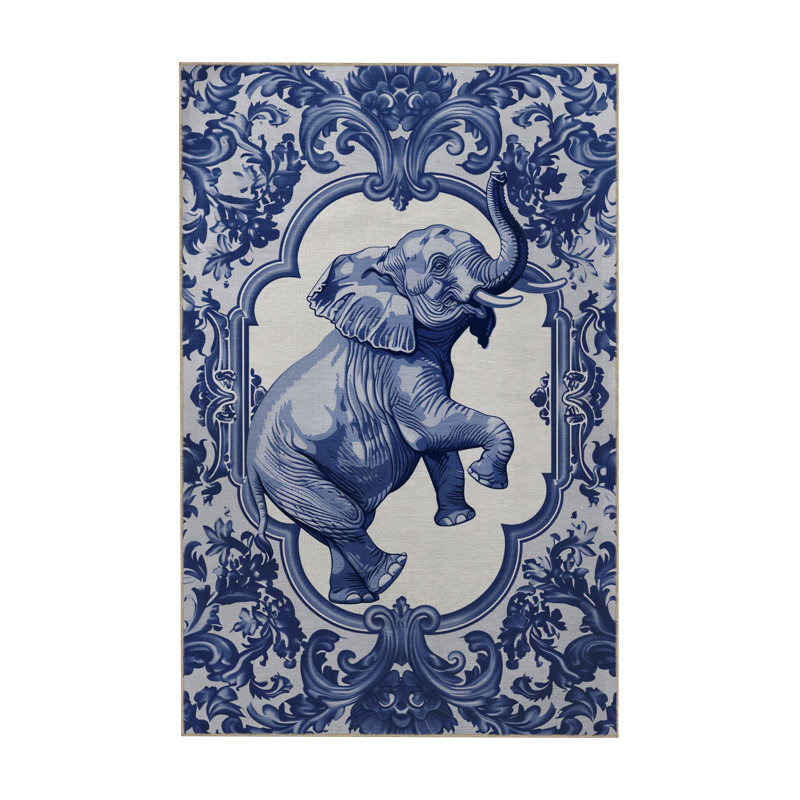 Tapis décoratif moderne à motif éléphant bleu Paris, Rectangle 4 pi 11,06 po x 9 pi 10,11 po