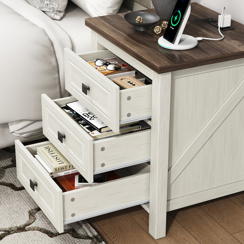 Valera 18"W Nightstand with Charging Station and Outlets, Farmhouse End Table with 3 Drawers (Set of 2), Set of 2, White