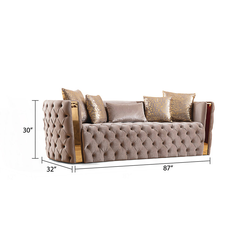 Canapé capitonné à boutons avec détails dorés, Taupe