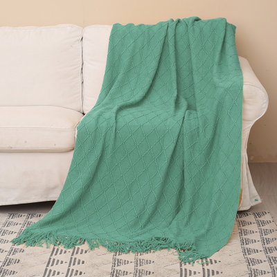 Knitted Throw Blanket for Couch, Decorative Blanket with Fringe