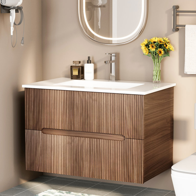 Ensemble de meuble-lavabo mural 30 po avec lavabo à fixation murale, avec lavabo en céramique, robinet et bonde escamotable à finition noyer 30 po