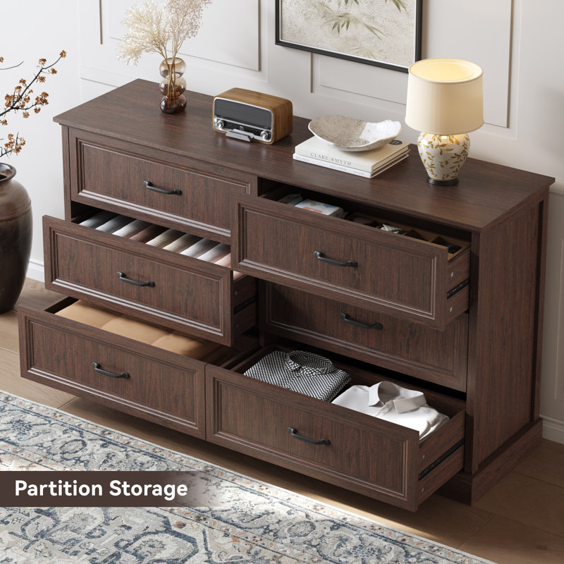 Hava 55" W Modern 6 Drawer Double Dresser for Living Room, Bedroom Dresser with Dressers, Brown