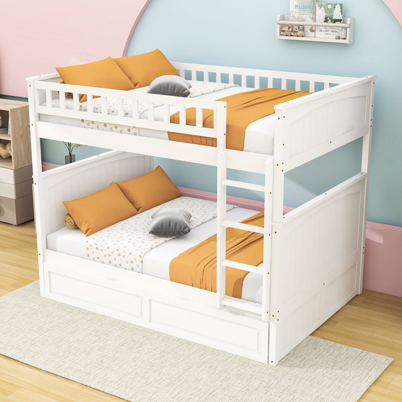 Full Over Full Bunk Bed With Twin Trundle, Guardrails And Ladder, Convertible Into Separate Beds, White