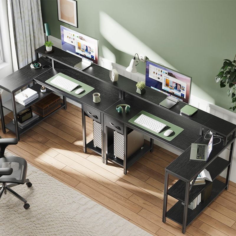 Reversible L Shaped Gaming Desk with Drawer, LED Lights & Power Outlets, Corner Computer Desk with Shelves & Monitor Stand