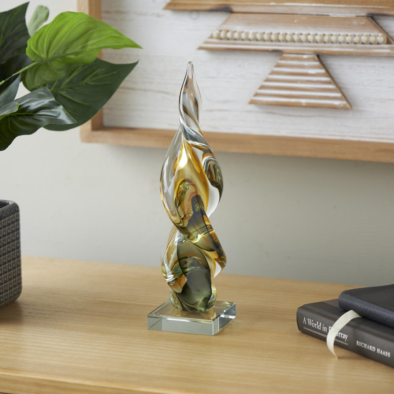 Sculpture Cole et verre abstrait torsadé gris avec accents verts