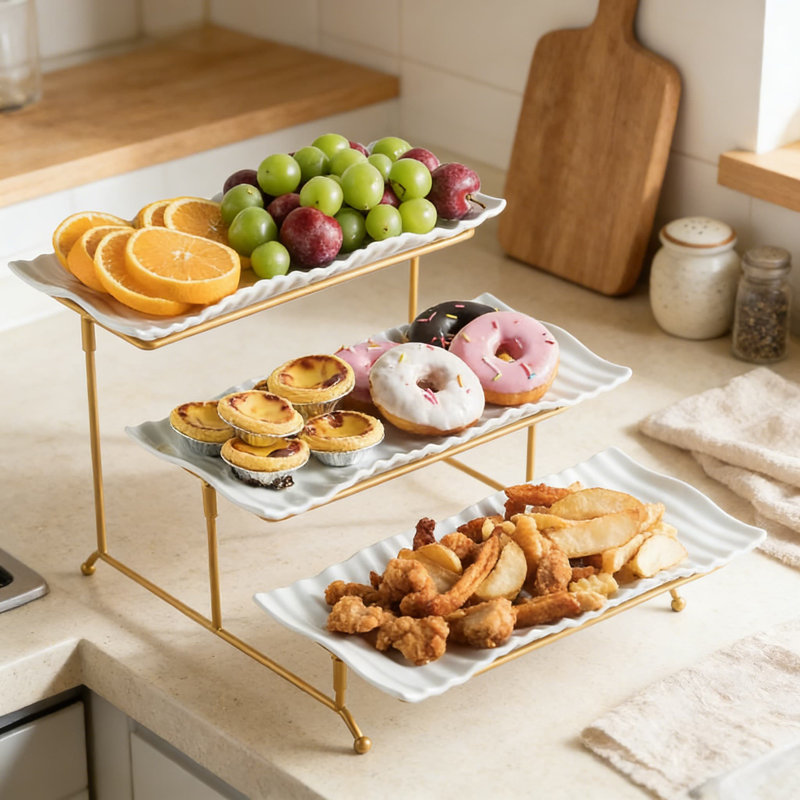3 Tier Serving Tray Stand, Porcelain Dessert Display Platters With Collapsible Metal Stand For Party, Entertaining, Holidays, Elegant And Sturdy Design