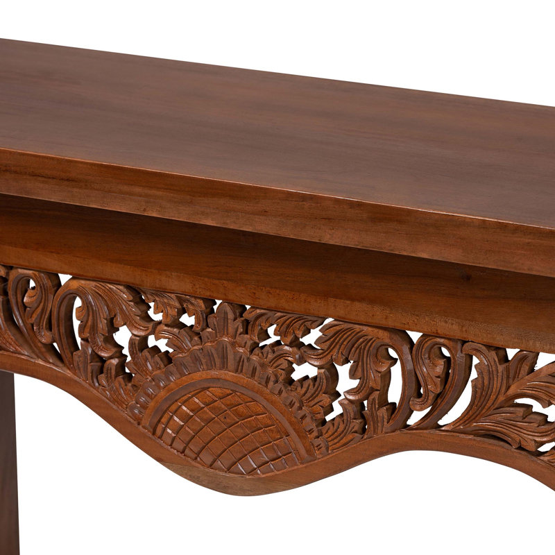 Console bali & pari en bois d'acajou Alannis - Table d'appoint avec tablier floral sculpté pour le vestibule, le salon ou le couloir