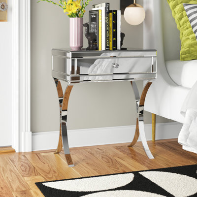Shilah Glass Mirrored Side Table Cross-Legs Nightstand With Storage Drawer 