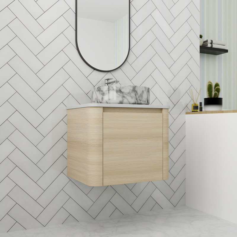 Meuble-lavabo flottant 24 po avec porte à fermeture en douceur, Beige, Blanc / Gris