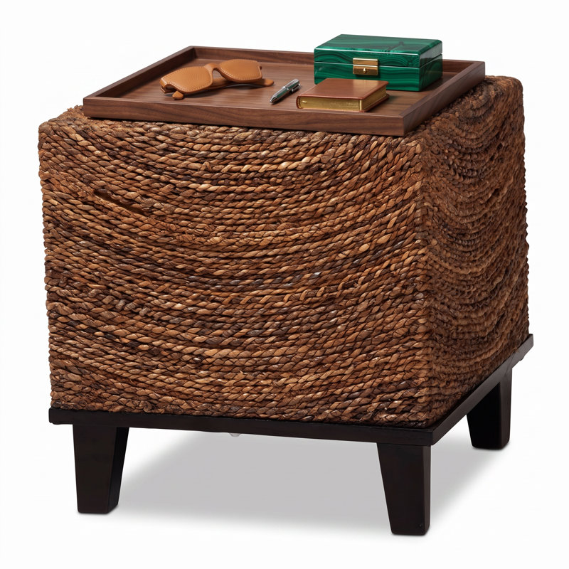 Table d'appoint carrée bohème en jonc de mer tressé naturel et bois d'acacia, 50 cm L x 50 cm P x 55 cm H