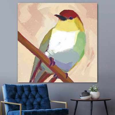 Jolis pinsons rouges, jaunes, blancs et verts sur fond corail rose sur toile