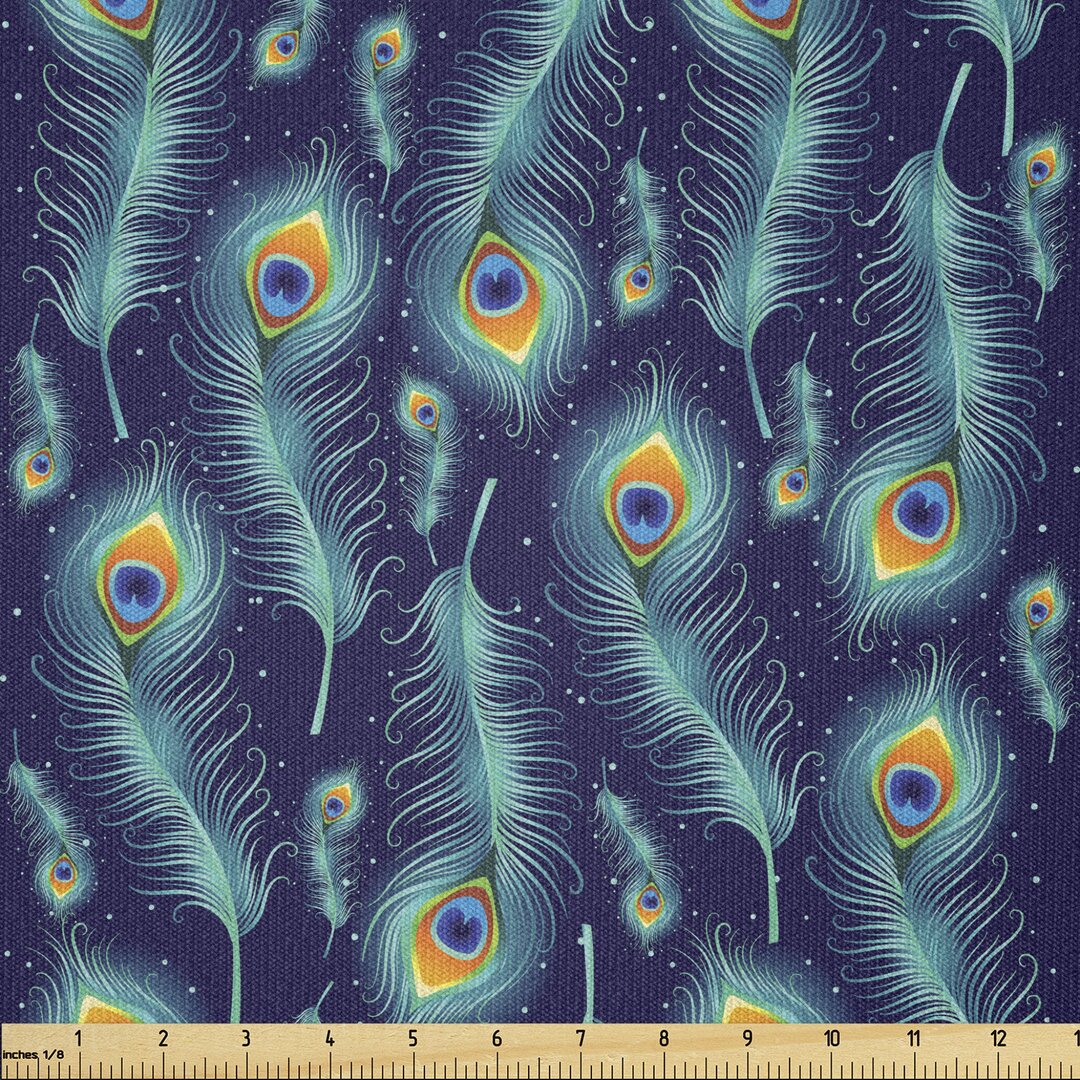 Stoff als Meterware, Pfau-Vogel-Federn, Pfau, Orange und Blau