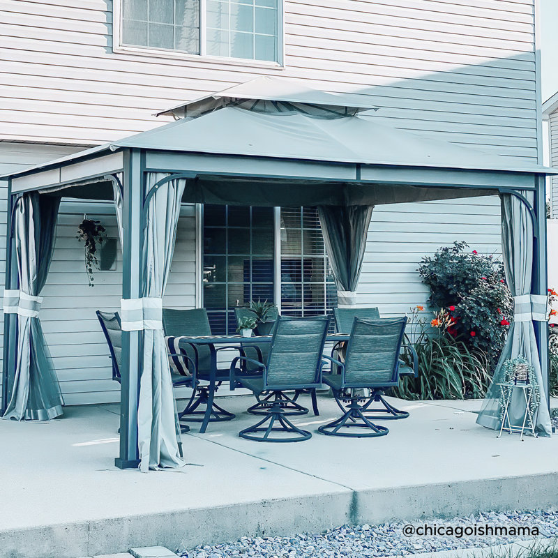 Light Gray 11 x 13 ft. Steel Frame 2-Tier Gazebo with Netting and Curtains