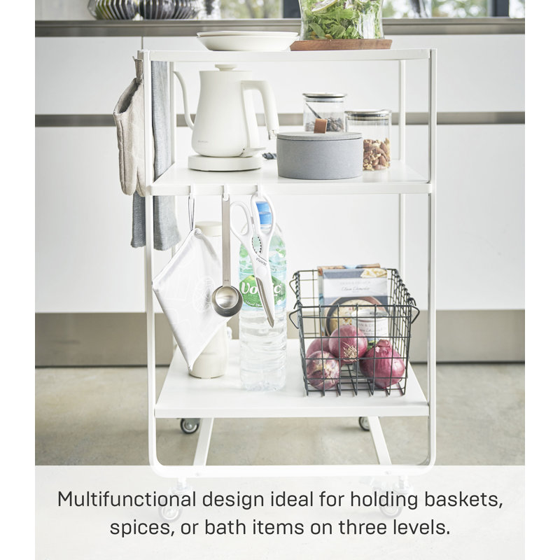 Sleek White 3-Tier Rolling Kitchen Cart with Storage Hooks
