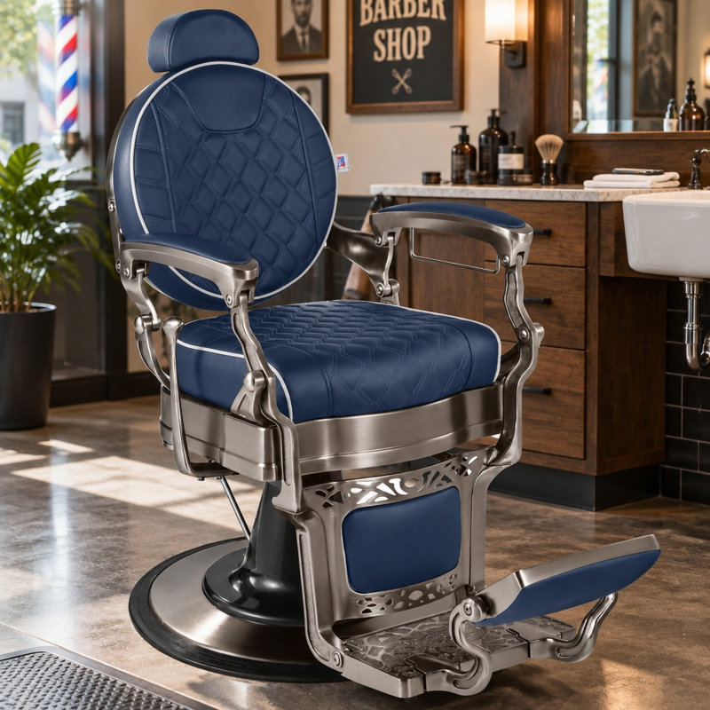 Fauteuil de coiffeur inclinable en cuir synthétique bleu foncé à 360 degrés