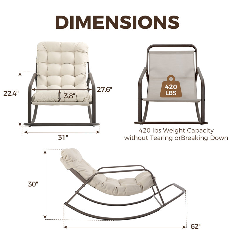 Ensemble de 2 chaises berçantes d'extérieur surdimensionnées avec repose-pieds, chaises berçantes en métal avec coussins épais