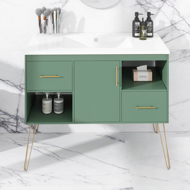 Ensemble de meuble-lavabo 36 po avec lavabo en résine 36 po, style contemporain avec 2 tiroirs et 2 compartiments de rangement ouverts