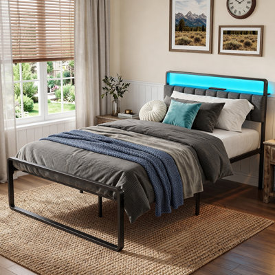 Twin Size Metal Bed Frame With Upholstered Headboard & LED Lights & Charging Station & Large Storage Space, No Box Spring Needed
