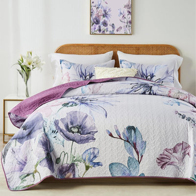 Ensemble de courtepointe pour grand lit double, ensemble de literie à motif botanique floral élégant, couvre-lit 3 pièces doux et léger avec 2 taies décoratives pour toutes les saisons