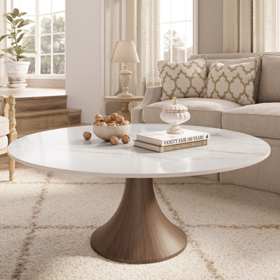 Mid-Century Modern Stone Marble Effect Round Coffee Table Solid Wood Pedestal Table For Living Room & Home Decor
