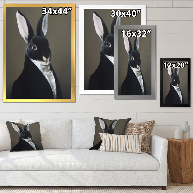 Portrait d'un lapin habillé - Peinture sur toile, H 20 po x l 12 po x P 1 po, Encadrement doré