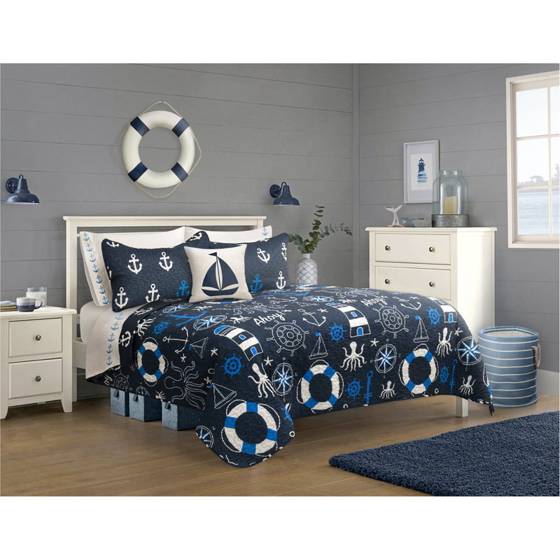 Ensemble de courtepointe réversible en microfibre bleu Kathline 3 pièces, Courtepointe pour lit grand + deux taies décorati