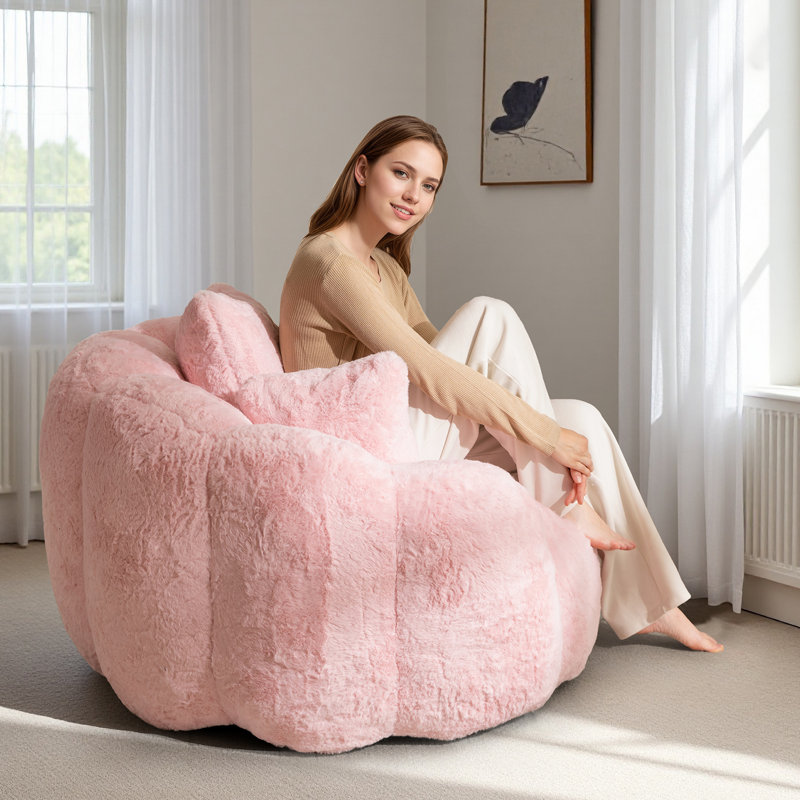 Fauteuil à billes surdimensionné à motif floral avec 3 coussins, Fausse fourrure rose