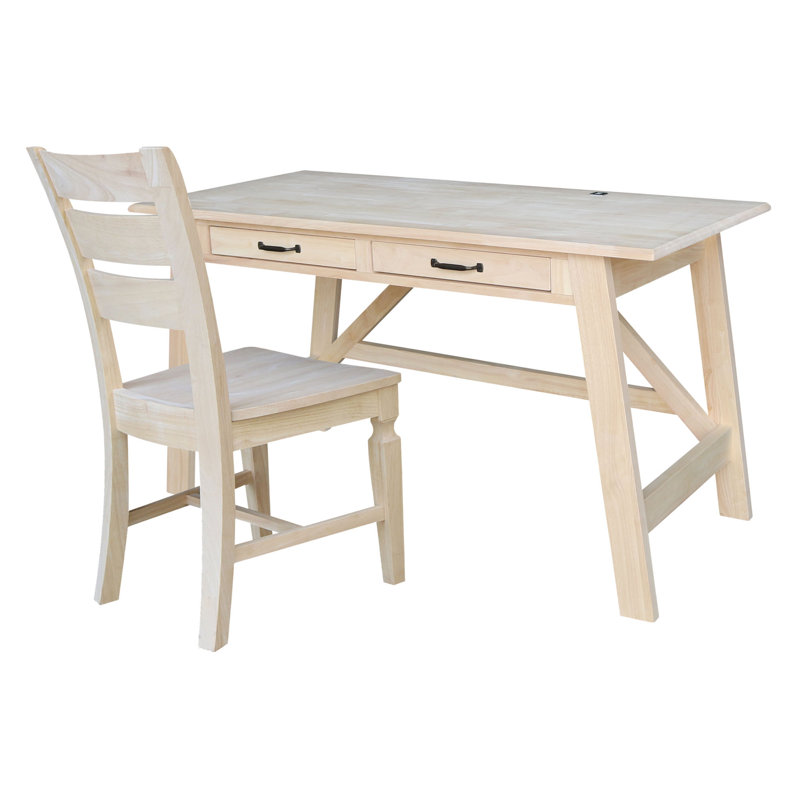 Ensemble de bureau et chaise en bois massif Hendel, Sans finition