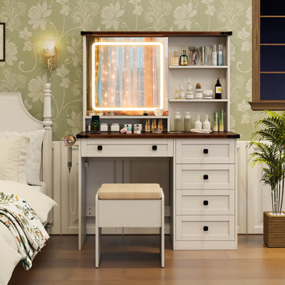 Farmhouse Vanity Set W/ Mirror And Lights Dressing Table & Chair Set by Gracie Oaks