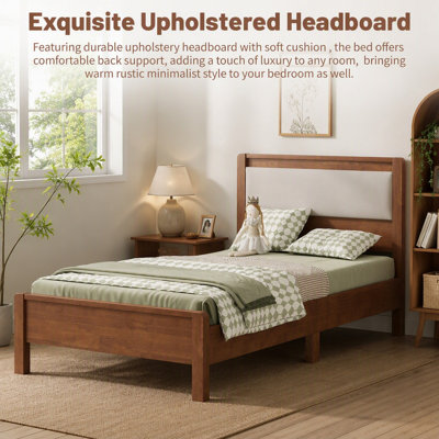 Twin XL Size, Solid Rubber Wooden Bed with Upholstered Headboard, Reinforced by Central Support Legs