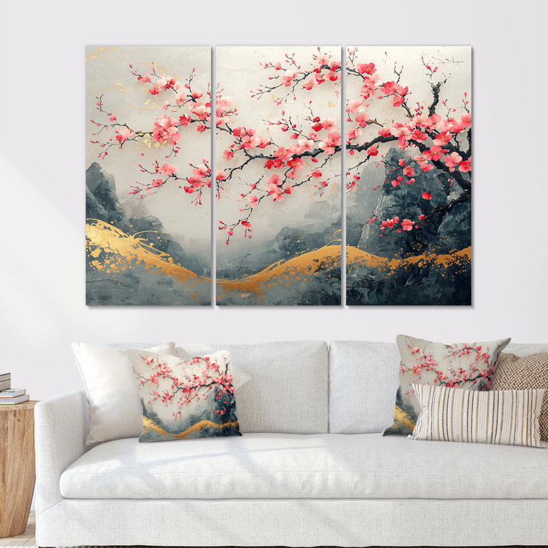 Paysage de cerisier rose du Japon, paysage II, Métal métal, H 28 po x l 36 po x P 1 po