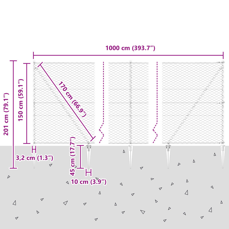 Hexagon Fence Steel, Green, 150cm H x 1000cm W
