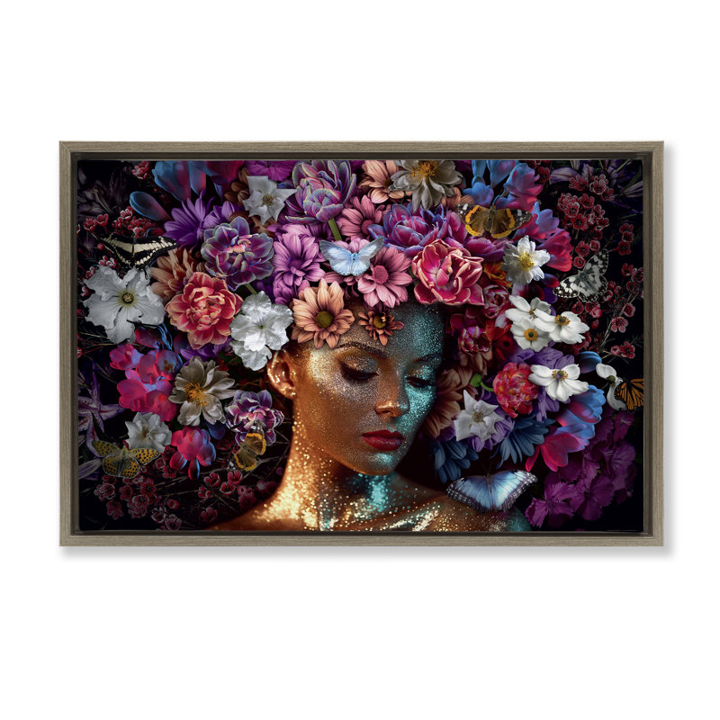 «Glitz Woman with Florals», toile flottante encadrée par Reinders, H 21 po x l 31 po, Cadre flottant orme Montalcino