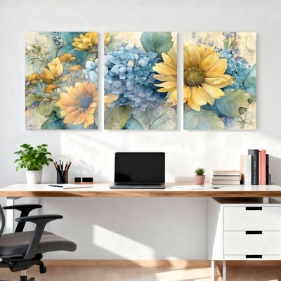 Tournesol et hortensia, art floral sur toile, ensemble de 3 reproductions de peintures à l'huile pour salon