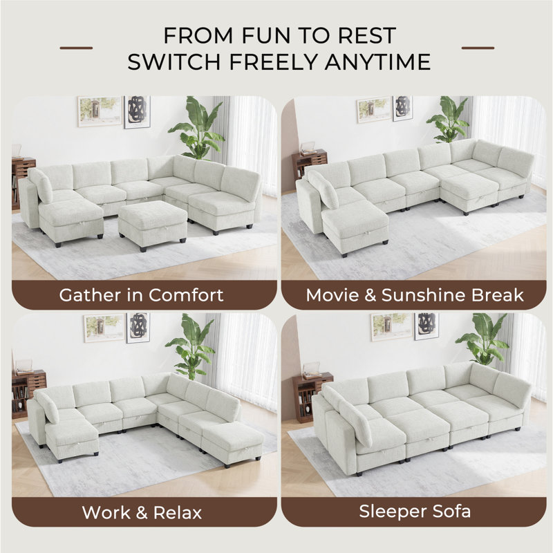 128" Oversized Modular 8-Seater Sectional Sofa with Storage & Removable Covers, Convertible U-Shape, L-Shape & Sleeper Configuration, Modern Couch with Movable Ottoman