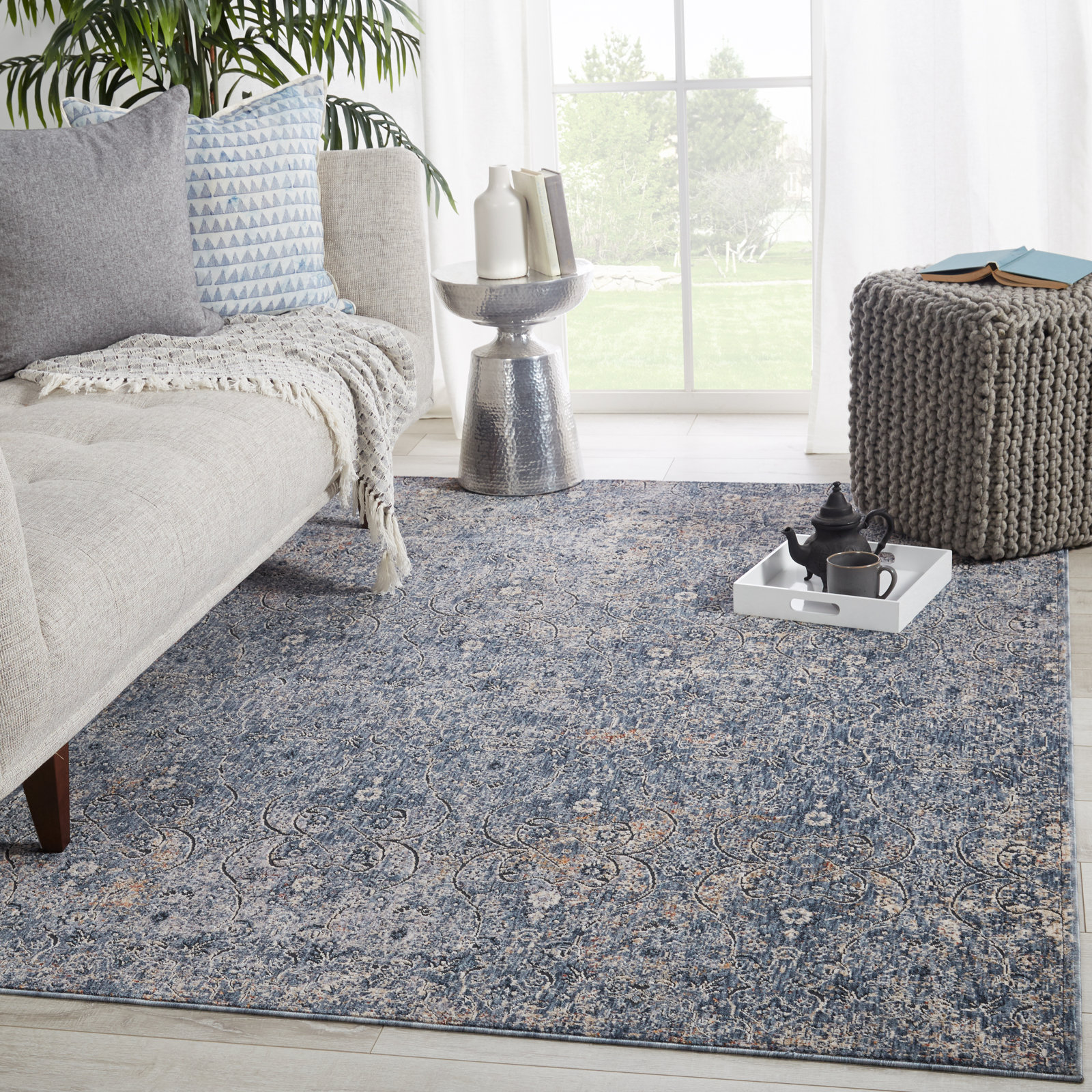 Alonzo Deep Blue Cream Oriental Rug, Rectangle 7'10" x 9'9"