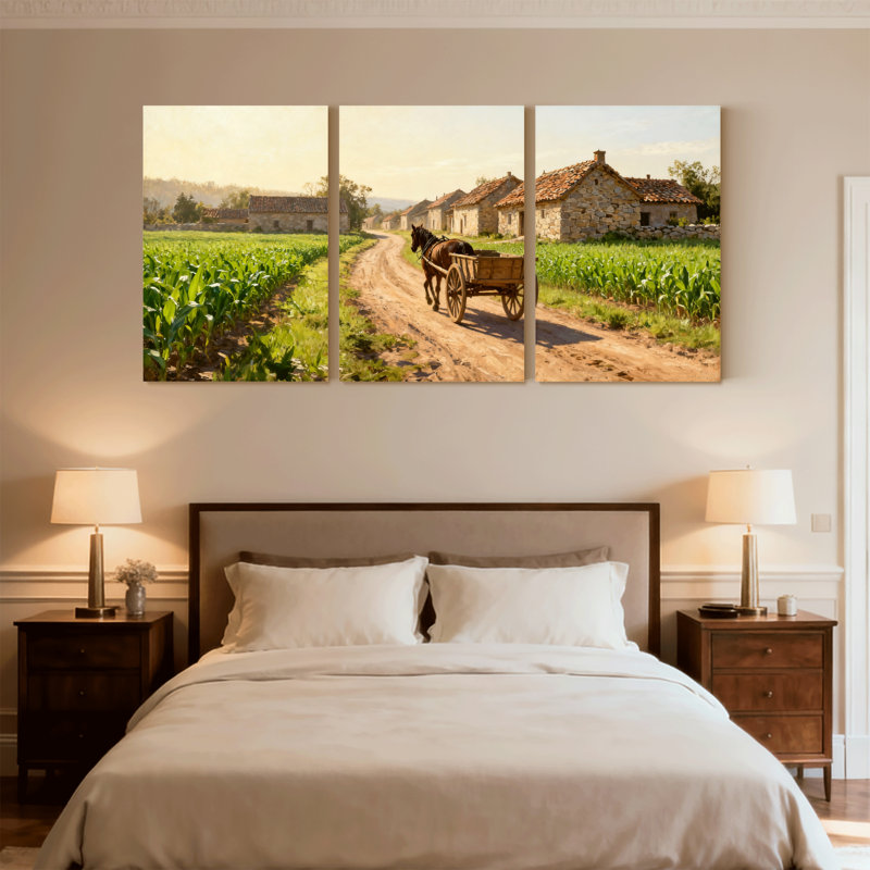 Ensemble de 3 reproductions d'art mural sur toile paysage urbain avec charrette à cheval et champs, H 18 po x l 36 po
