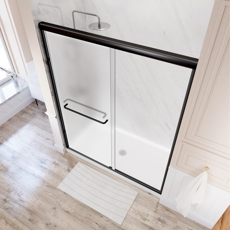 44" - 48'' W X 72'' H Double Sliding Door Semi-Frameless Shower Door With Two Black Towel Bars, Frosted