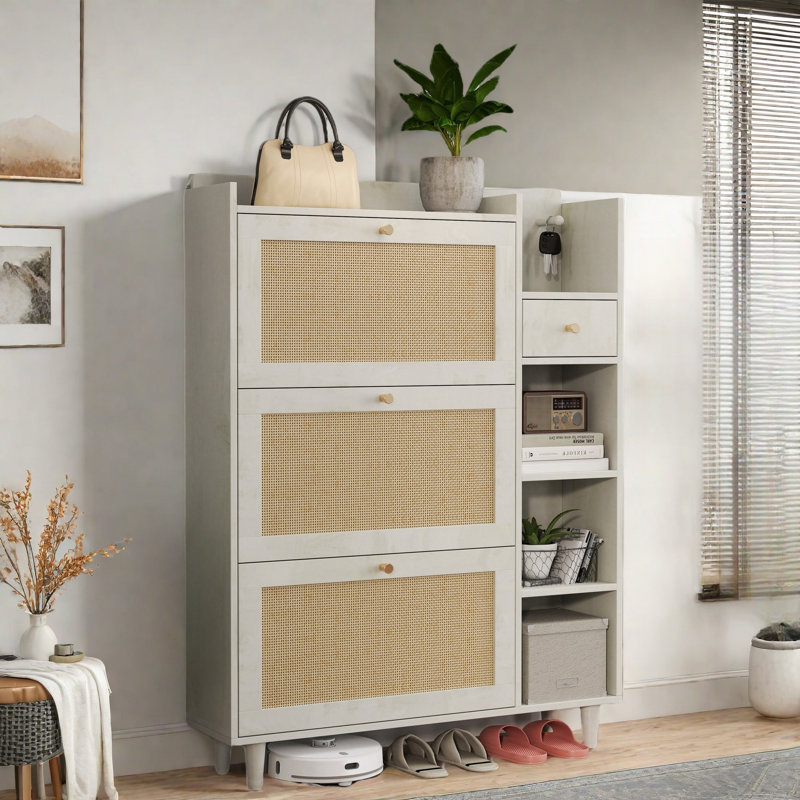 Bohemia Style Shoe Cabinet With 3 Rattan Flip Drawers, 3 Square Shelves And 1 Storage Drawer And Key Hooks, Antique White
