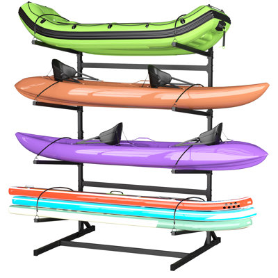 Support de rangement autoportant robuste à 4 niveaux pour kayaks et planches à pagaie – Support en acier pour kayaks, canots et SUP avec sangles de sécurité