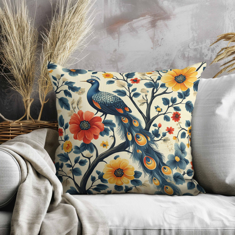 Coussin Vibrant Vista, Bleu / rouge / beige / jaune, Carré 16 po