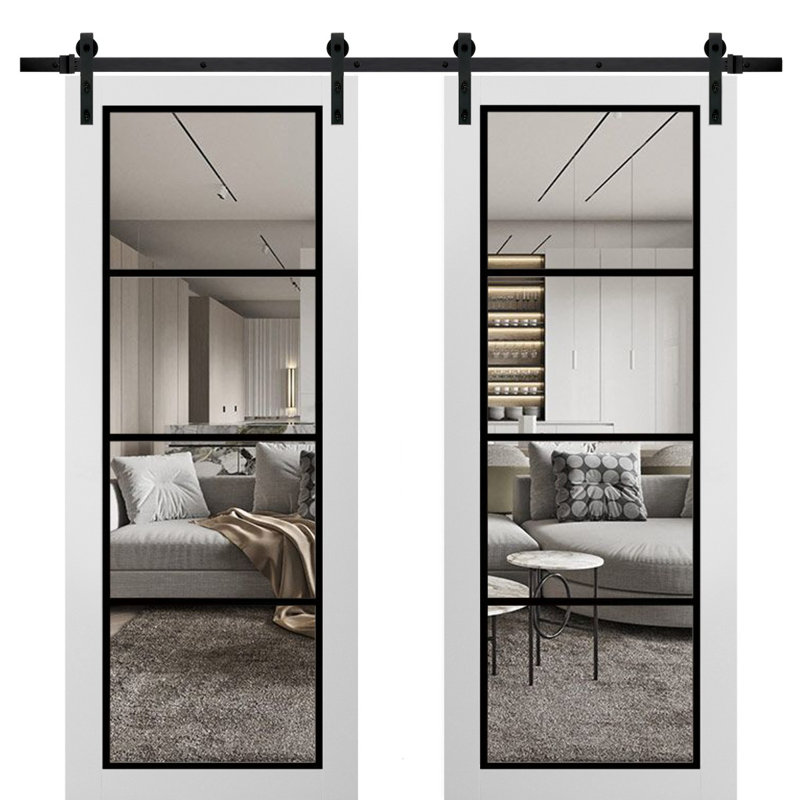 White Solid Wood Barn Door Kit with Clear Glass Panels